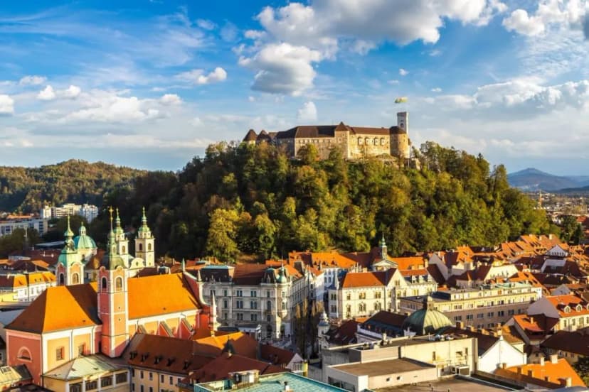 Ljubljana Castle atop a wooded hill overlooking city rooftops and church spires under a blue sky.