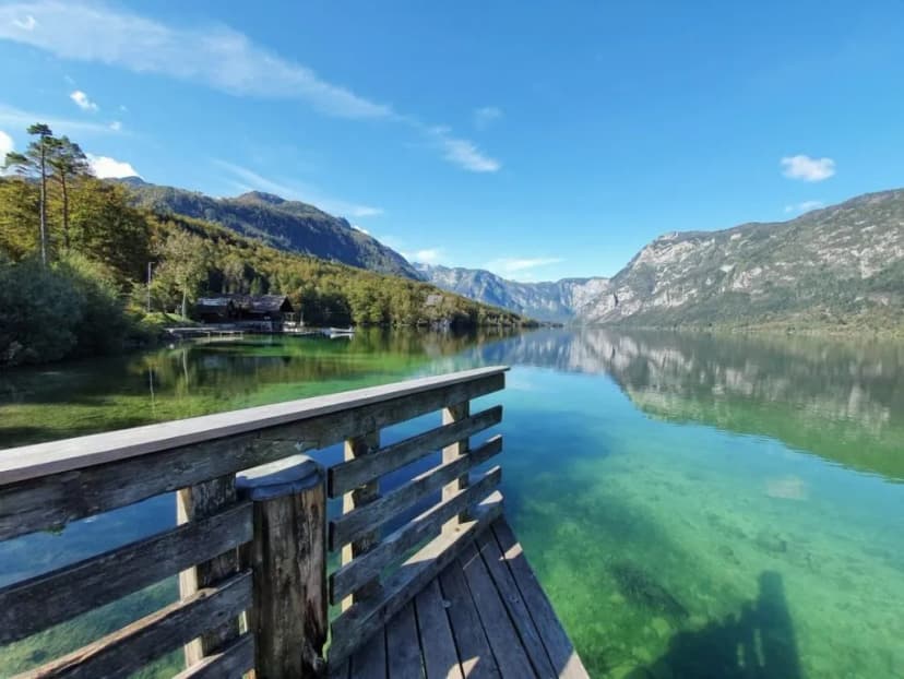 Wooden dock overlooking clear turquoise water of Bohinj Lake with mountains and forest