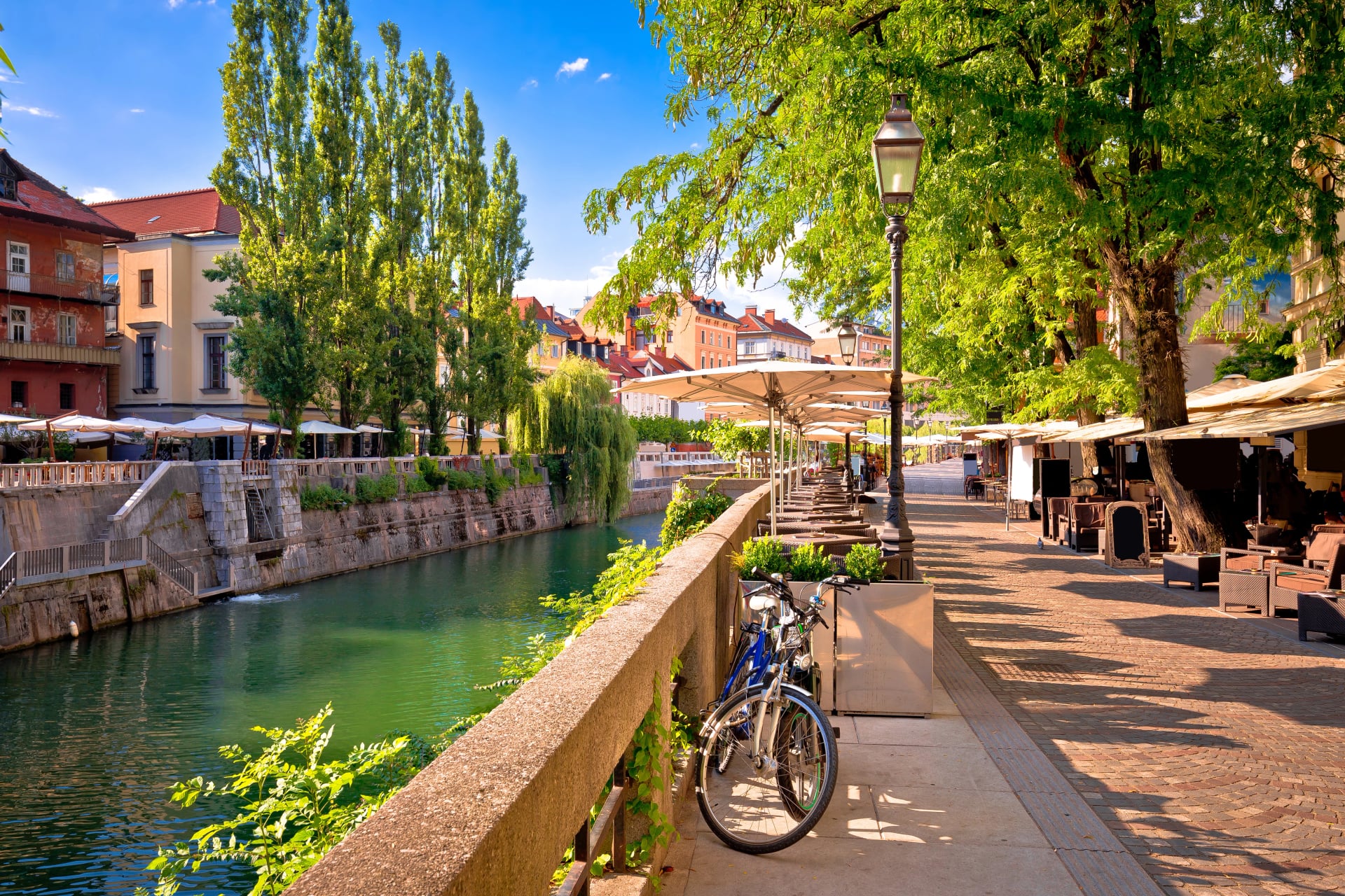 Vista de verano del paseo marítimo verde de Ljubljana