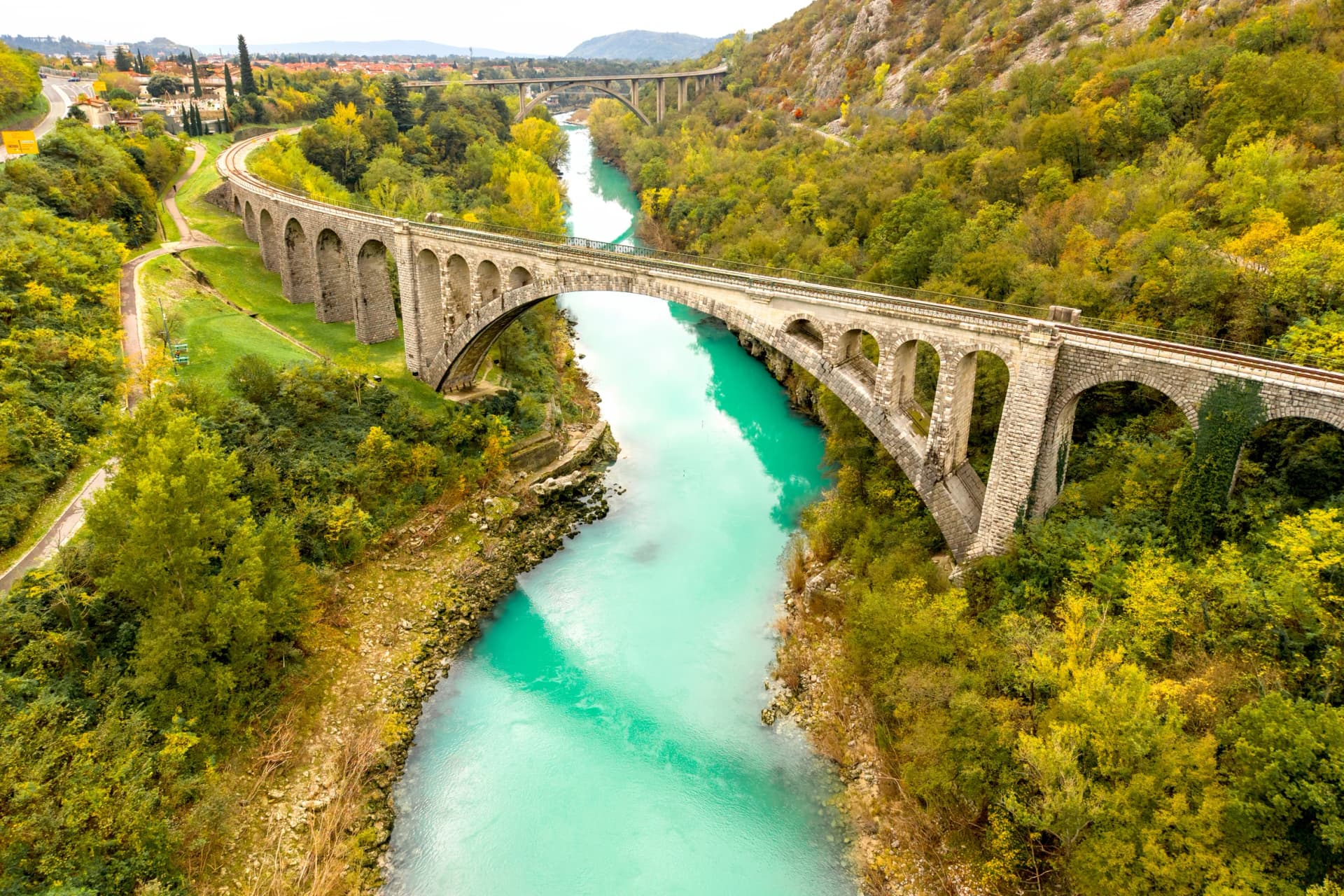 Railway stone bridge Solkan over the river Soca in Slovenia