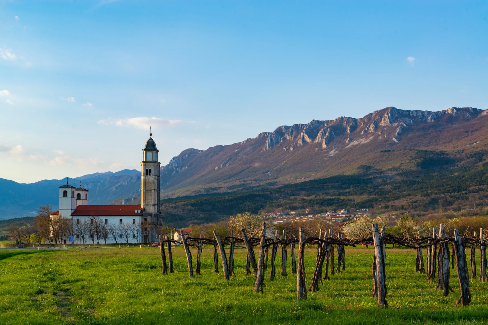 Beautiful evening countryside landscape with vineyard, church and mountains