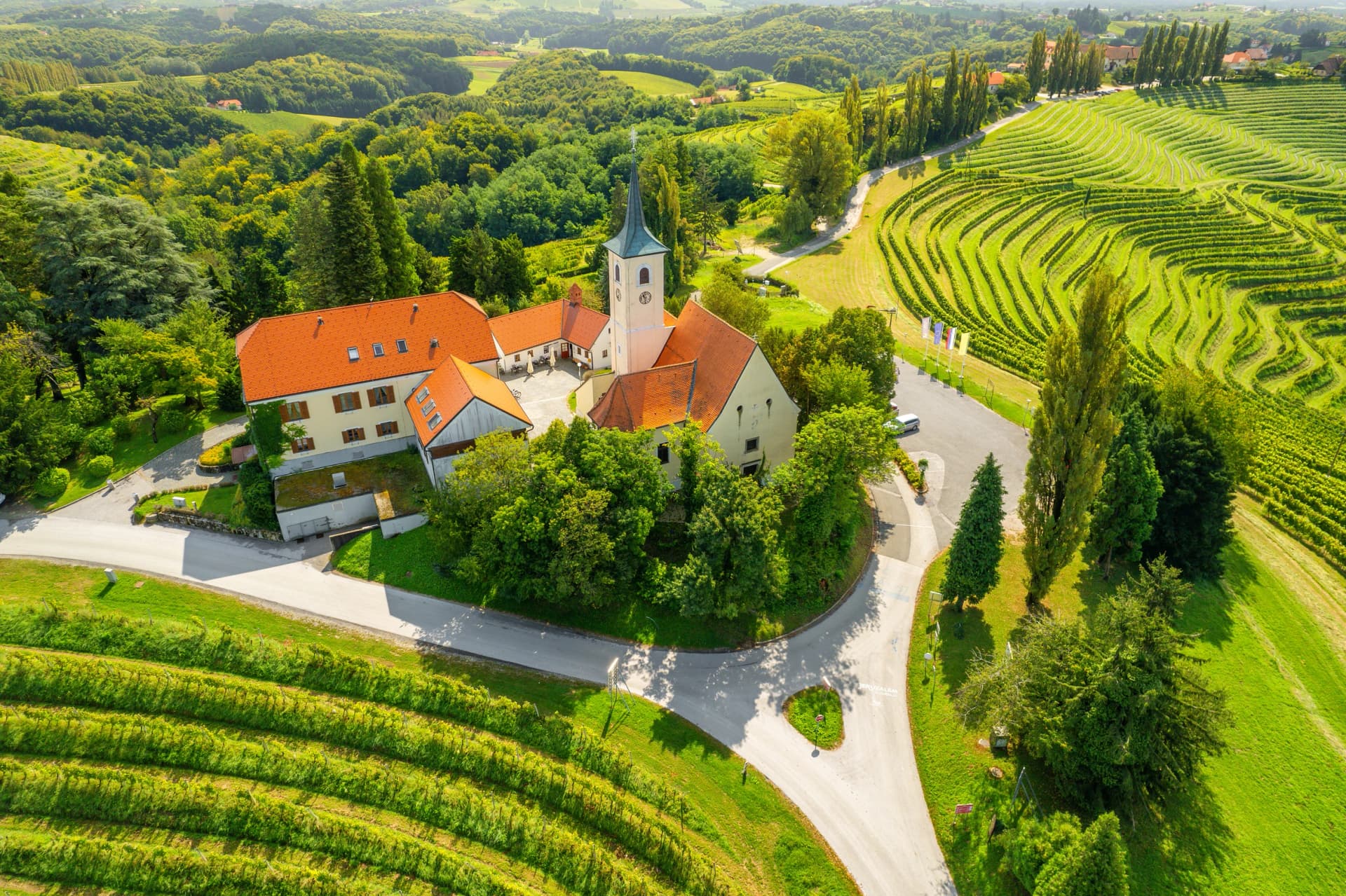 Aerial view of the Church and green vineyards, Jeruzalem winery region, Slovenia